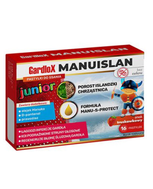 Gardlox Manuislan Junior, pastylki do ssania o smaku truskawkowym, 16 sztuk