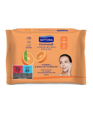 Septona Dermasoft Oczyszczające Chusteczki nawilżane z witaminą C i technologią micelarną do twarzy i oczu, 20 sztuk