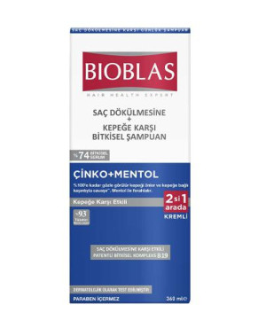 Bioblas Szampon ziołowy z odżywką na wypadanie włosów przeciwłupieżowy cynk + mentol, 360 ml