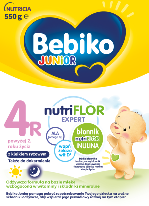 Bebiko Junior 4R Nutriflor Expert, odżywcza formuła na bazie mleka dla dzieci powyżej 2. roku życia, z kleikiem ryżowym, 550 g