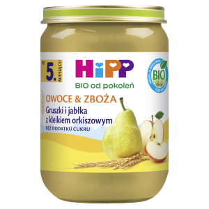HiPP BIO od pokoleń, Gruszki i jabłka z kleikiem orkiszowym, po 5. m-cu, 190 g