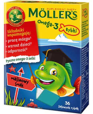 Moller's Omega-3 Rybki, żelki, smak malinowy, 36 sztuk