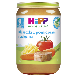 HiPP BIO od pokoleń, Kluseczki z pomidorami i cielęciną, po 9. m-cu, 220 g