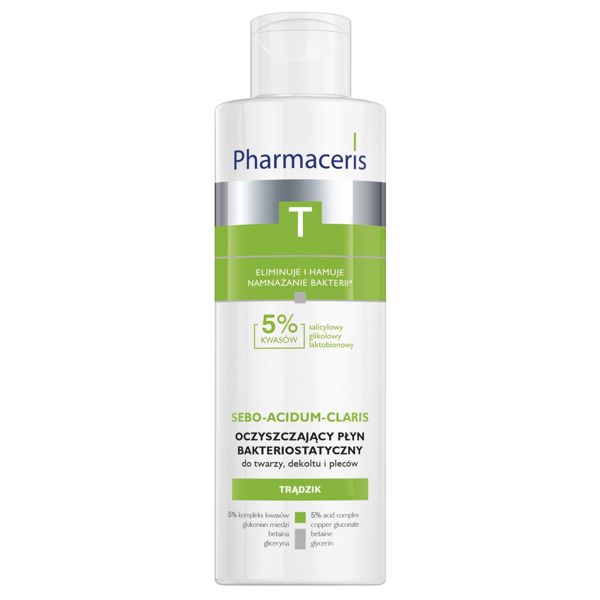 Pharmaceris T, Sebo-Acidum-Claris, oczyszczający płyn bakteriostatyczny do twarzy, dekoltu i pleców, 190 ml