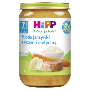 HiPP BIO od pokoleń, Młode jarzynki z ryżem i cielęciną, po 7. m-cu, 220 g