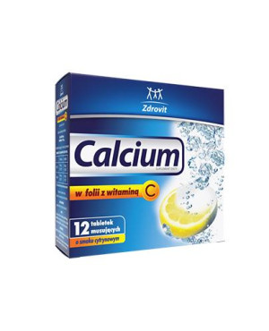 Zdrovit Calcium w folii z witaminą C o smaku cytrynowym, tabletki musujące, 12 sztuk