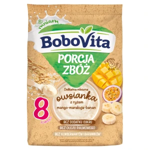 BoboVita Porcja Zbóż Delikatna Mleczna Owsianka z ryżem mango-marakuja-banan po 8. miesiącu, 210 g