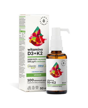 Aura Herbals Witamina D3 2000 IU + K2 Vegan Krople, 50 ml, cena, opinie, wskazania