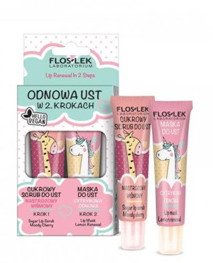 Flos-Lek Vege Lip Care Odnowa ust w 2 krokach, cukrowy scrub nastrojowy wiśniowy, 14 g + maska do ust cytrynowa odnowa, 14 g [ZESTAW]