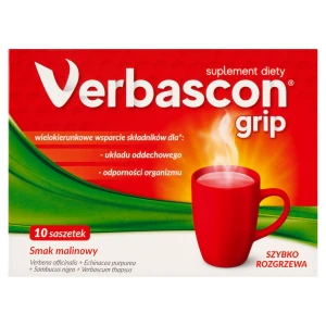 Verbascon Grip, proszek do rozpuszczania, smak malinowy, saszetki, 10 sztuk