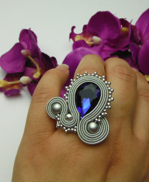 Pierścionek soutache sutasz kobaltowy szafirowy
