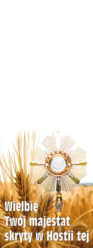 Baner na Boże Ciało "Wielbię Twój majestat skryty w Hostii tej" 75x200 cm