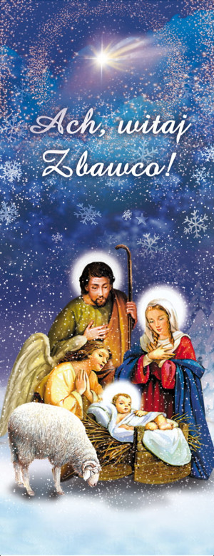Baner na Boże Narodzenie, "Ach Witaj Zbawco" niebieski, płatki śniegu 50x130 cm