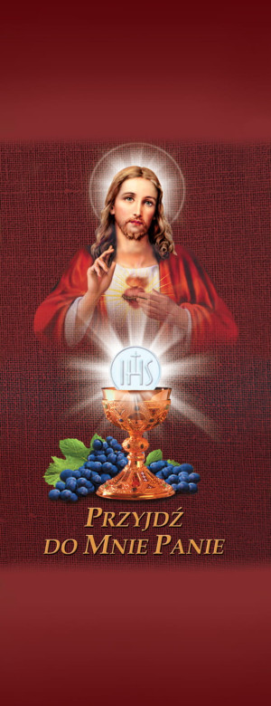 Baner na Boże Ciało "Przyjdź do.." czerwony 50x130 cm
