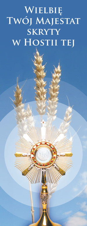 Baner na Boże Ciało "Wielbię Twój.." błękitny 50x130 cm