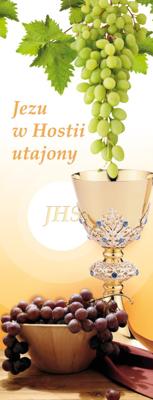 Baner na Boże Ciało "Jezu w Hostii" pomarańczowy 50x130 cm