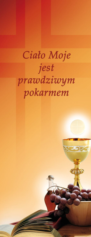 Baner na Boże Ciało "Ciało Moje jest.." pomarańczowy 50x130 cm