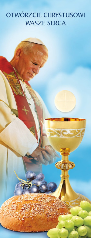 Baner na Boże Ciało "Otwórzcie.." błękitny 50x130 cm