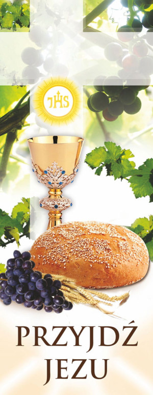 Baner na I Komunię Świętą, "Przyjdź Jezu" z liśćmi winogron 75x200 cm