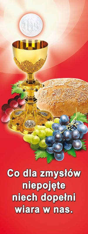 Baner na Boże Ciało "Co dla zmysłów..." czerwony 75x200 cm