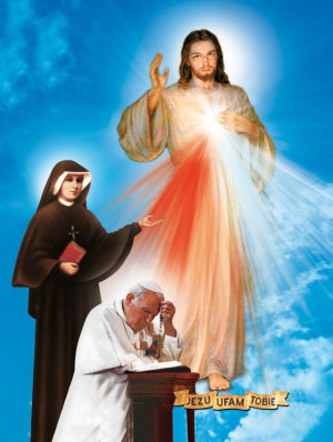 Plakat Religijny Jezus Miłosierny, siostra Faustyna i Jan Paweł II