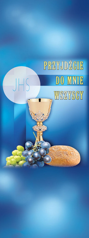 Baner na Boże Ciało "przyjdźcie do mnie" niebieski 200x150 cm
