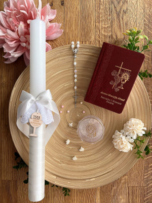 Zestaw na Pierwszą Komunię - świeca personalizowana, różaniec w etui i modlitewnik, okapnik GRATIS