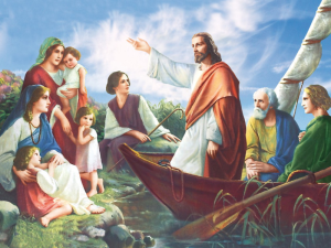 Plakat religijny Jezus Chrystus nauczający z łodzi