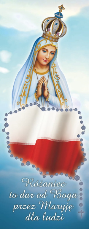 Baner na różaniec z Matką Bożą Fatimską oraz flagą Polski 75x200 cm
