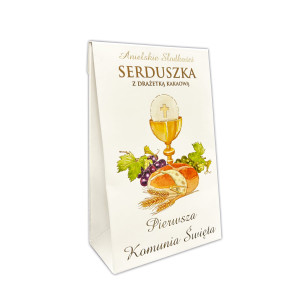 Upominek komunijny - serduszka z drażetką kakaową - 100g