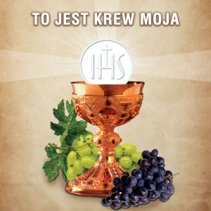 Baner religijny na Boże Ciało, symbole eucharystyczne "To jest krew Moja"150x150