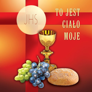 Baner religijny na Boże Ciało, symbole eucharystyczne "To jest Ciało Moje" 150x150 cm