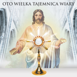 Baner religijny na Boże Ciało, symbole eucharystyczne "Oto wielka tajemnica wiary" 150x150 cm