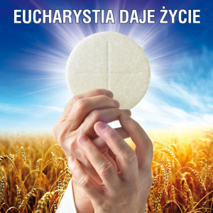 Baner religijny, baner na Boże Ciało, symbole eucharystyczne "Eucharystia daje życie" 150x150 cm