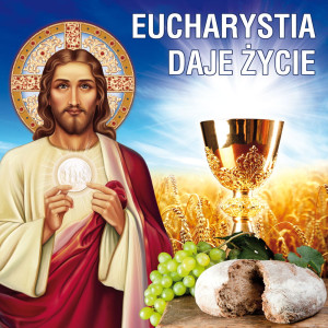 Baner religijny, baner na Boże Ciało, symbole eucharystyczne "Eucharystia daje życie" 150x150 cm