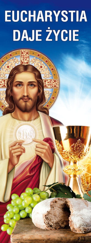 Baner religijny na Boże Ciało "Eucharystia daje życie" 75x200 cm