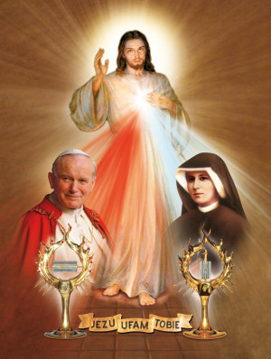 Plakat Religijny Jezus Miłosierny, siostra Faustyna i Jan Paweł II