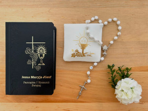 Zestaw komunijny - różaniec w etui i modlitewnik