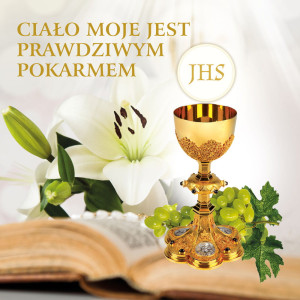 Baner na Pierwszą Komunię Świętą "Ciało moje jest prawdziwym pokarmem" 150x150 cm