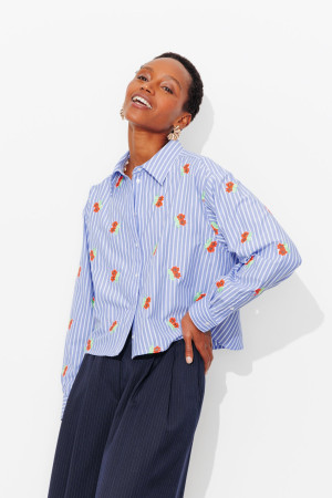 Promod Chemise courte rayée et brodée Rayé marine XXL