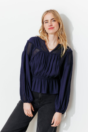 Promod Blouse rétro unie Femme Marine 40
