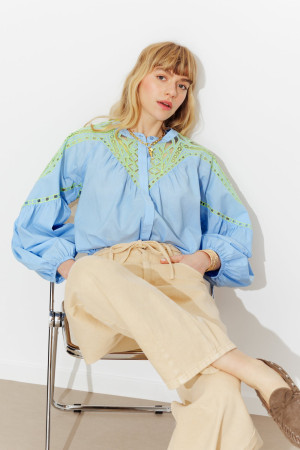 Promod Blouse brodée en coton Femme Bleu 46