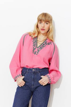 Promod Blouse brodée gaze de coton Rose fuchsia M