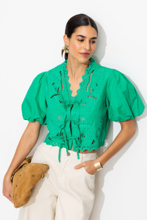 Promod Blouse brodée manches ballon Vert