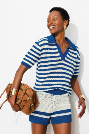 Promod Pull polo en crochet Femme Rayé marine XS