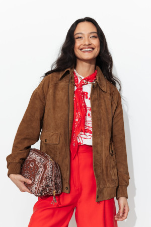 Promod Blouson aviateur en cuir suédé Marron