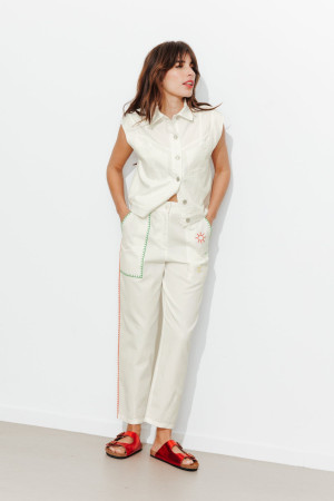Promod Pantalon carrot brodé Femme Blanc