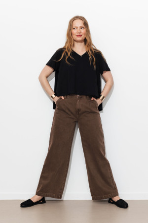 Promod Pantalon large taille haute Marron