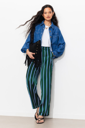 Promod Pantalon large en satin rayé Imprimé noir 34