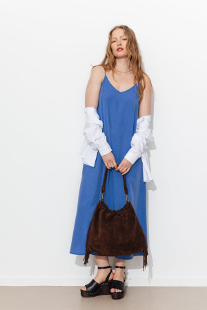 Promod Robe longue unie en lyocell Bleu Cobalt 44